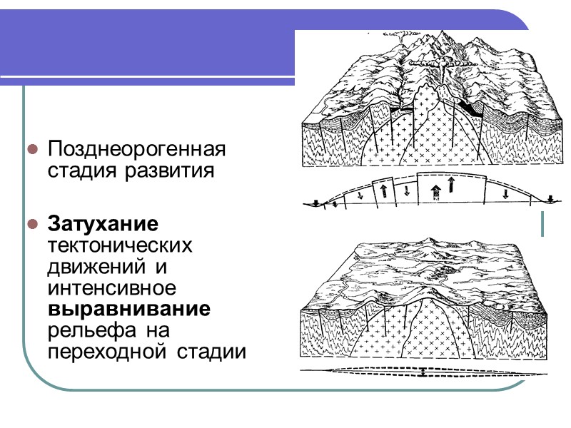Позднеорогенная стадия развития   Затухание тектонических движений и интенсивное выравнивание рельефа на переходной